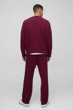 Cheap boohooMAN Boxy Fluffy Knitted Cardigan burgundy