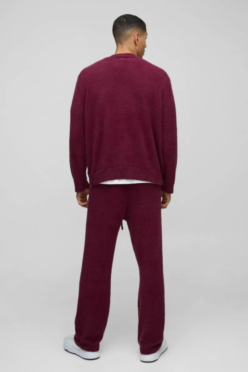Cheap boohooMAN Boxy Fluffy Knitted Cardigan burgundy