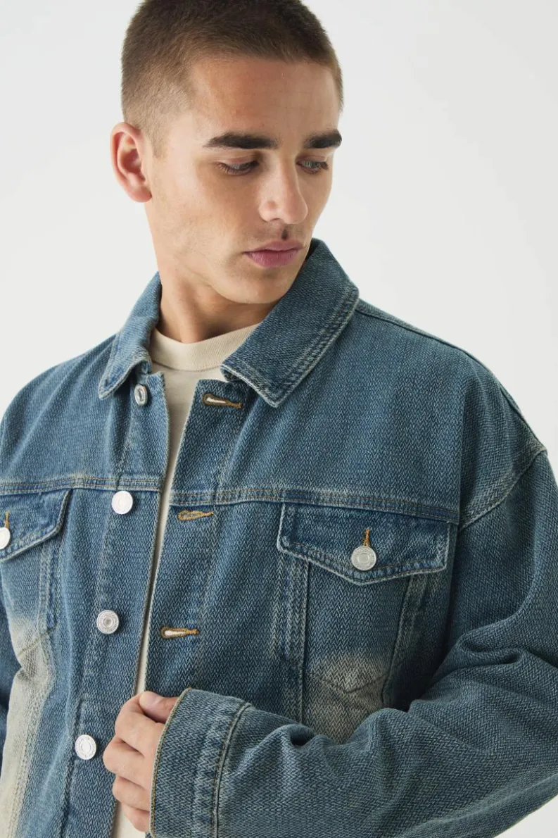Clearance boohooMAN Boxy Herringbone Fabric Interest Denim Jacket vintage blue