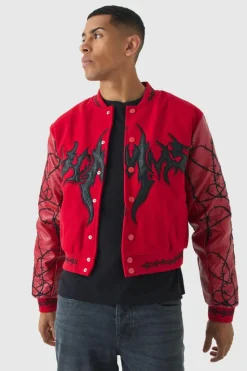 Store boohooMAN Boxy Homme Embroide Sleeve Varsity Jacket red