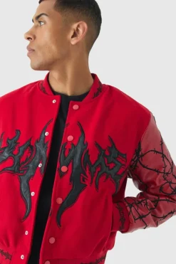 Store boohooMAN Boxy Homme Embroide Sleeve Varsity Jacket red