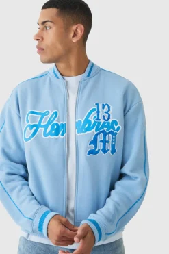 Hot boohooMAN Boxy Jersey Homme Athletics Bomber Jacket blue