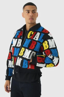 Sale boohooMAN Boxy Letter Badge Collared Varsity Jacket In black