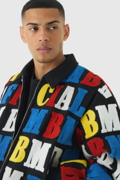 Sale boohooMAN Boxy Letter Badge Collared Varsity Jacket In black