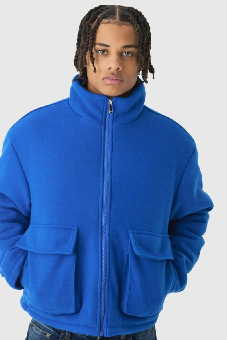 Store boohooMAN Boxy Melton Funnel Neck Puffer Jacket In blue