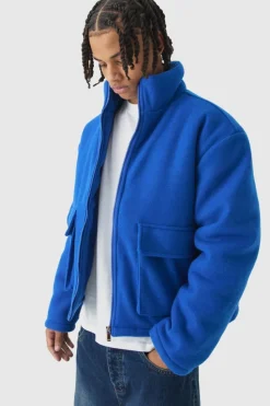 Store boohooMAN Boxy Melton Funnel Neck Puffer Jacket In blue