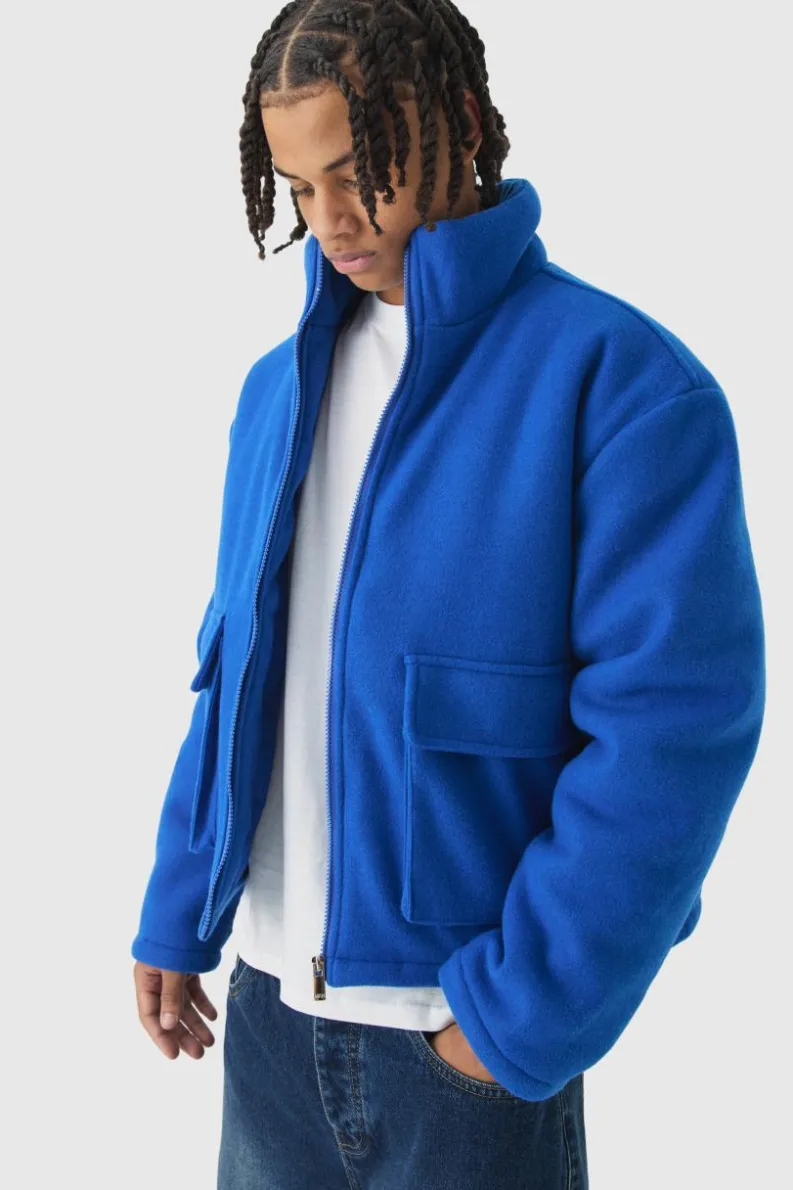Store boohooMAN Boxy Melton Funnel Neck Puffer Jacket In blue
