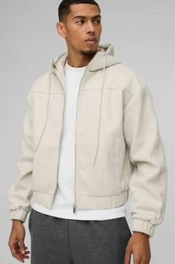 Flash Sale boohooMAN Boxy Melton Hooded Bomber Jacket In ecru