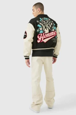 Cheap boohooMAN Boxy Melton & Pu Collared Varsity Jacket black