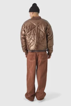 Cheap boohooMAN Boxy Metallic Abstract Quilted Bomber Jacket In tan