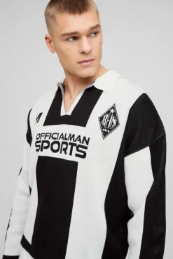 Shop boohooMAN Boxy Moto Stripe Knitted Rugby Polo black