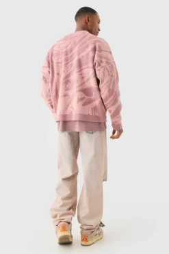 Discount boohooMAN Boxy Oversized Brushed Abstract All Over Cardigan dusty pink