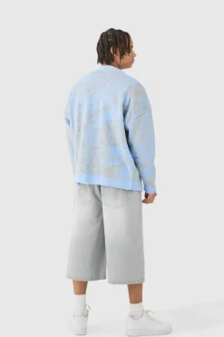 Store boohooMAN Boxy Oversized Brushed Abstract All Over Cardigan blue