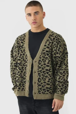 Flash Sale boohooMAN Boxy Oversized Brushed Leopard All Over Cardigan khaki