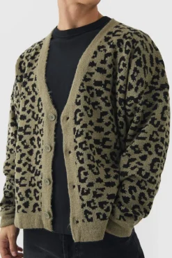 Flash Sale boohooMAN Boxy Oversized Brushed Leopard All Over Cardigan khaki