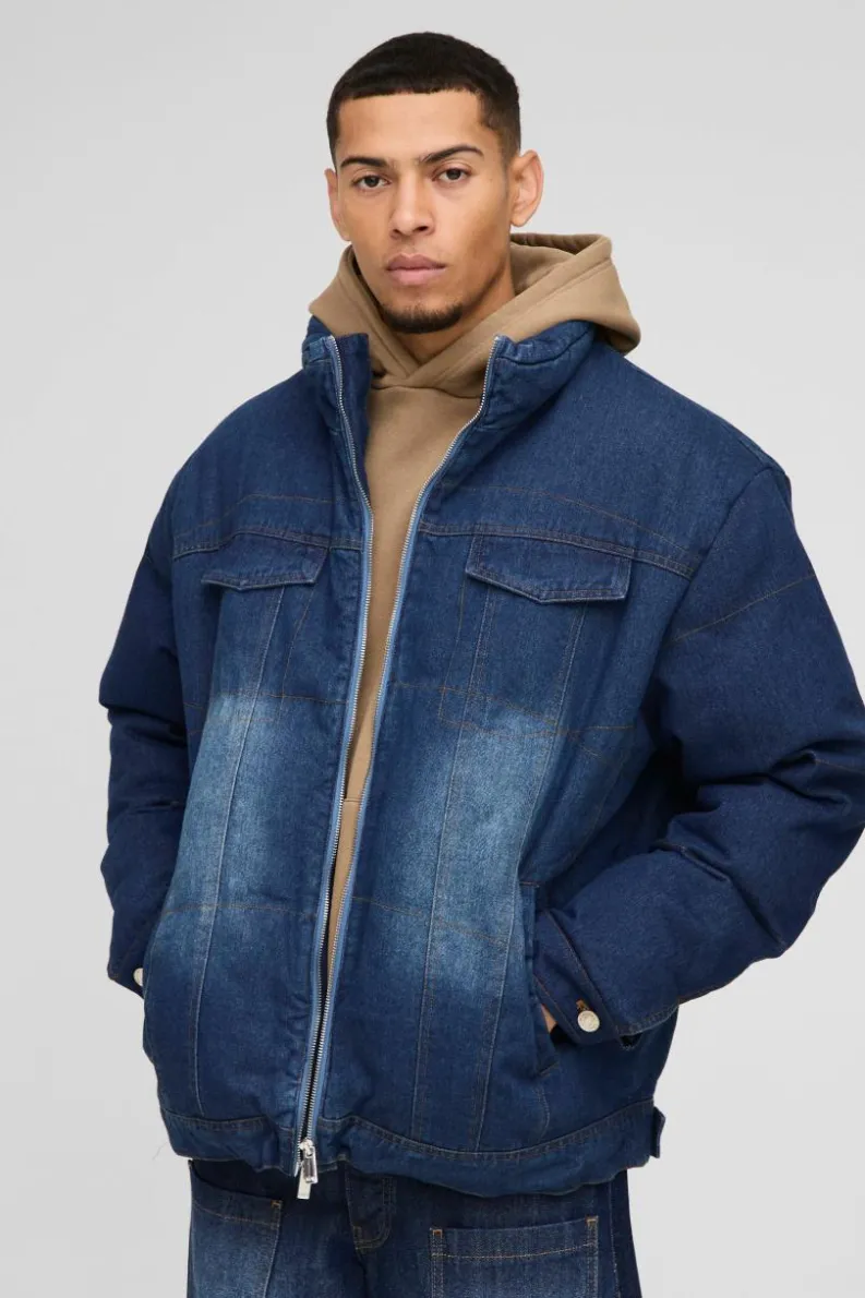 Clearance boohooMAN Boxy Oversized Funnel Neck Denim Puffer Jacket indigo