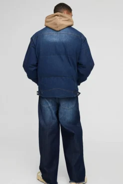 Clearance boohooMAN Boxy Oversized Funnel Neck Denim Puffer Jacket indigo
