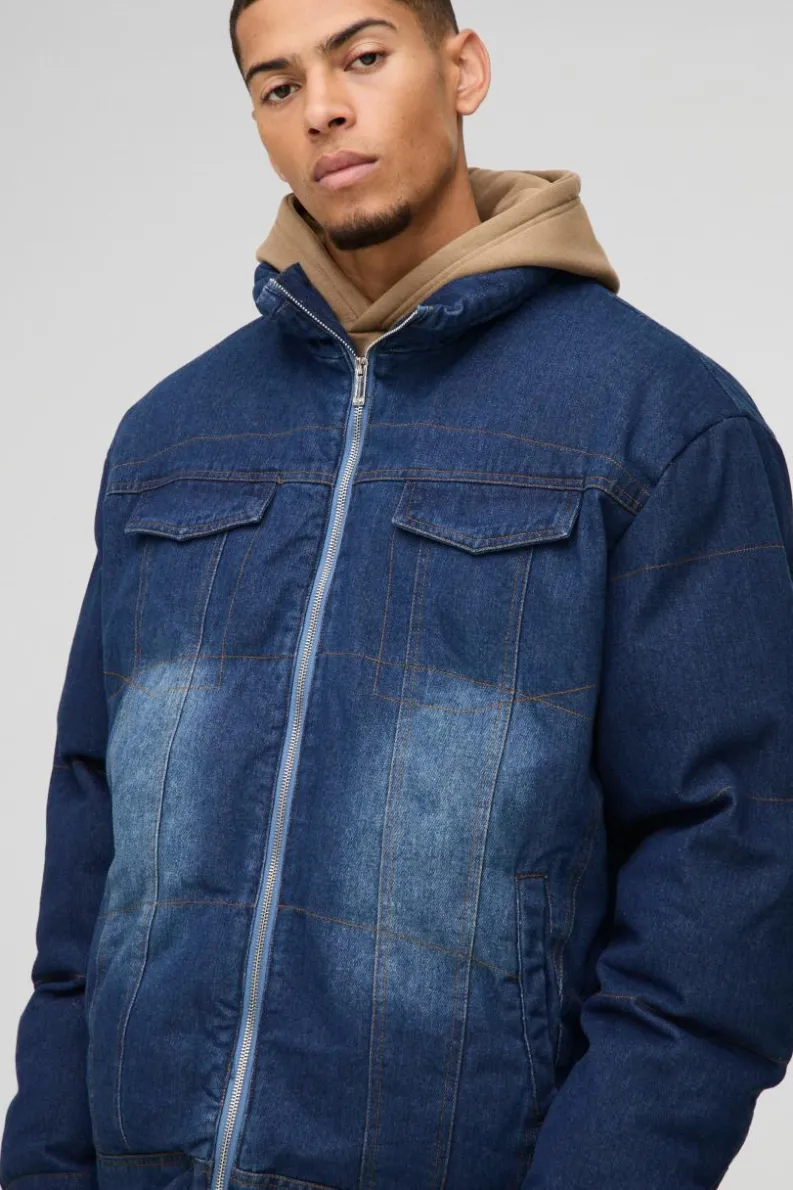 Clearance boohooMAN Boxy Oversized Funnel Neck Denim Puffer Jacket indigo