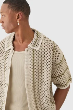 Discount boohooMAN Boxy Oversized Open Stitch Stripe Knit Shirt stone