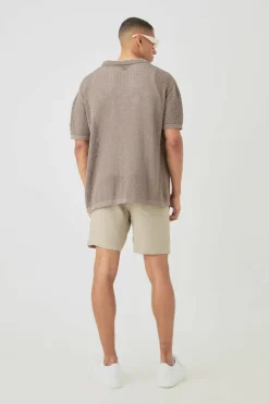 Outlet boohooMAN Boxy Oversized Open Stitch Tonal Palm Intarsia Short Sleeve Knit Shirt taupe