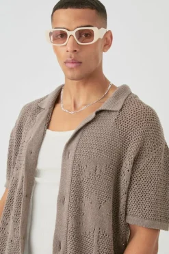 Outlet boohooMAN Boxy Oversized Open Stitch Tonal Palm Intarsia Short Sleeve Knit Shirt taupe