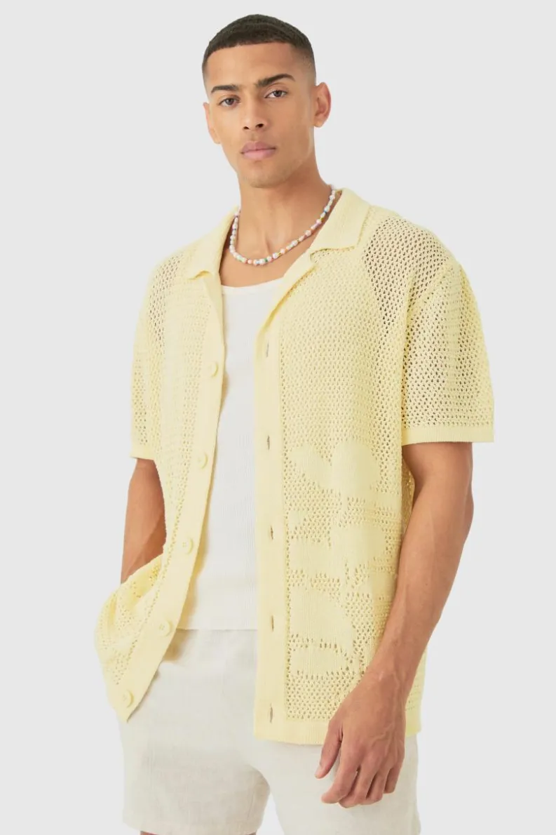 Best Sale boohooMAN Boxy Oversized Open Stitch Tonal Floral Intarsia Short Sleeve Knit Shirt yellow