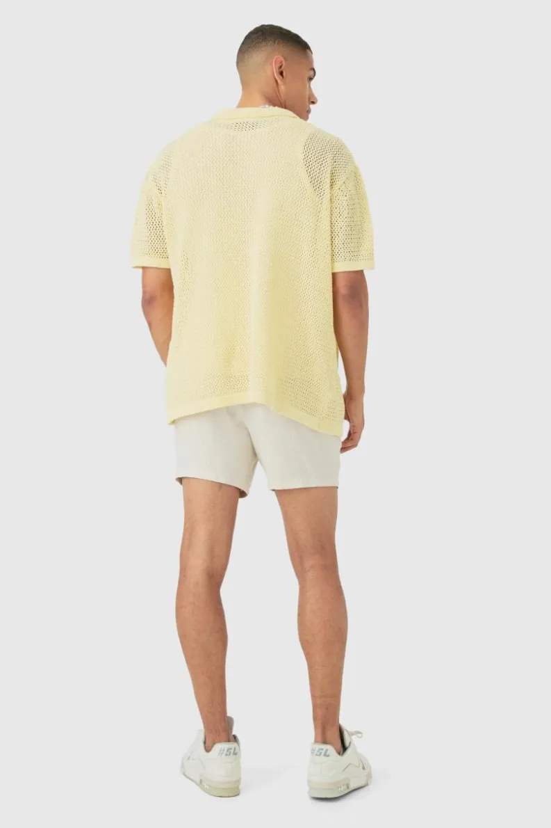 Best Sale boohooMAN Boxy Oversized Open Stitch Tonal Floral Intarsia Short Sleeve Knit Shirt yellow