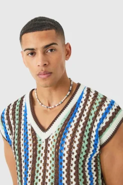 Discount boohooMAN Boxy Oversized Open Stitch V Neck Sweater Vest multi