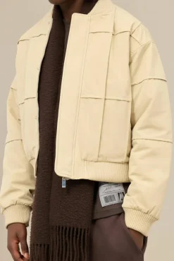 Cheap boohooMAN Boxy Panel Padded Nylon Bomber Jacket In stone