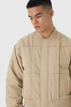 Cheap boohooMAN Boxy Panel Padded Nylon Bomber Jacket In stone