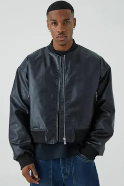 Fashion boohooMAN Boxy PU Bomber Jacket With Zips black