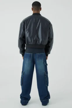 Fashion boohooMAN Boxy PU Bomber Jacket With Zips black