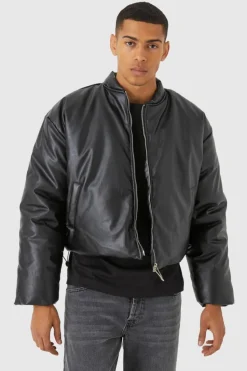 Cheap boohooMAN Boxy Pu Volume Padded Puffer Bomber black