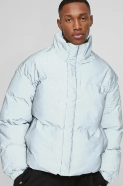 Flash Sale boohooMAN Boxy Reflective Ripstop Funnel Neck Puffer grey