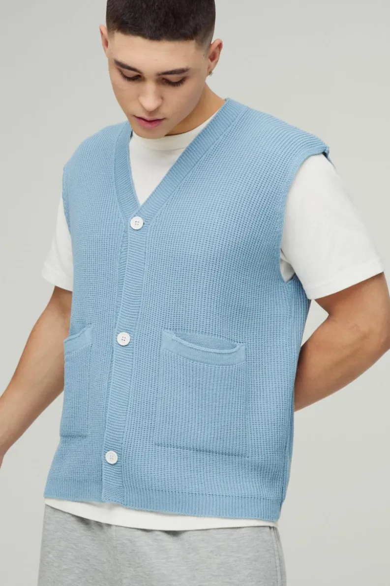 Cheap boohooMAN Boxy Ribbed Contrast Button Knitted Vest light blue