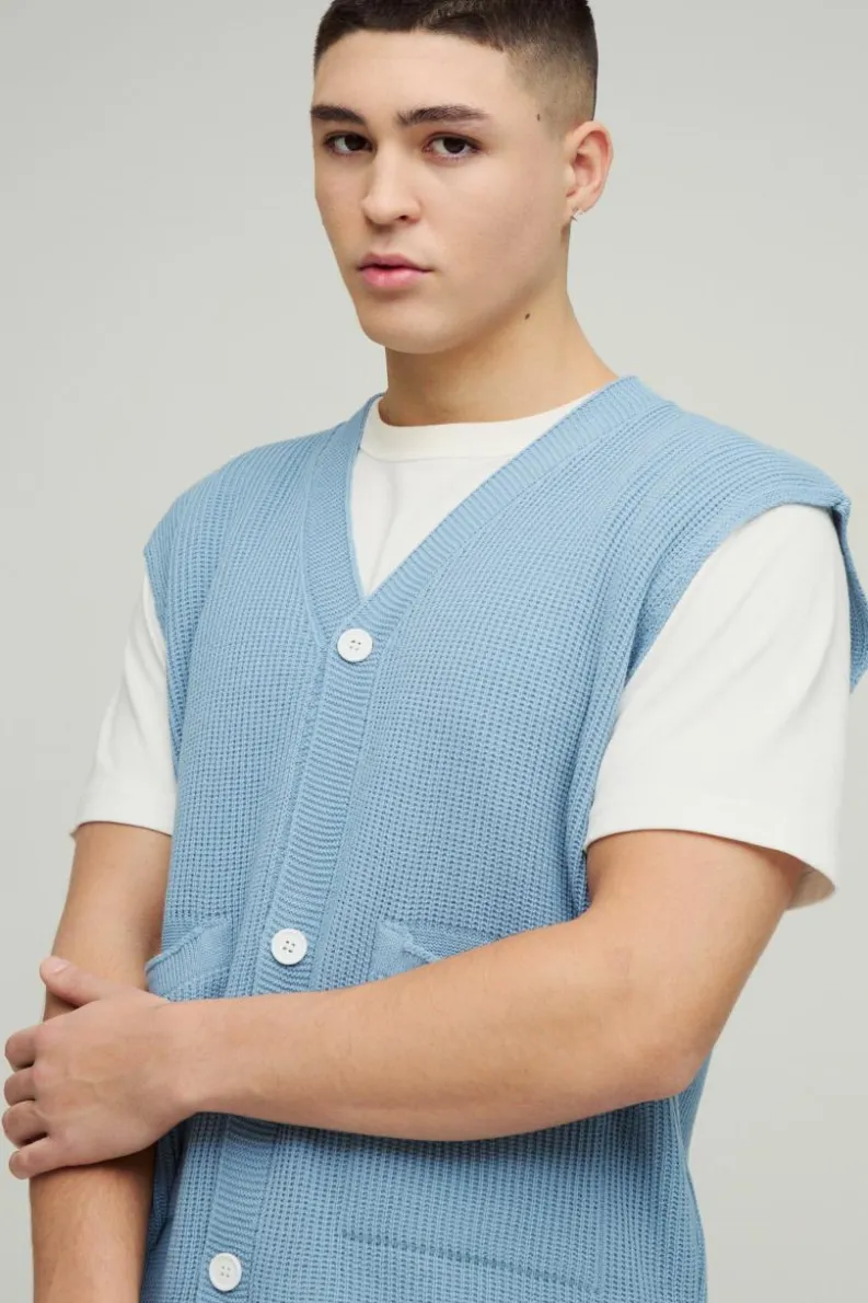 Cheap boohooMAN Boxy Ribbed Contrast Button Knitted Vest light blue