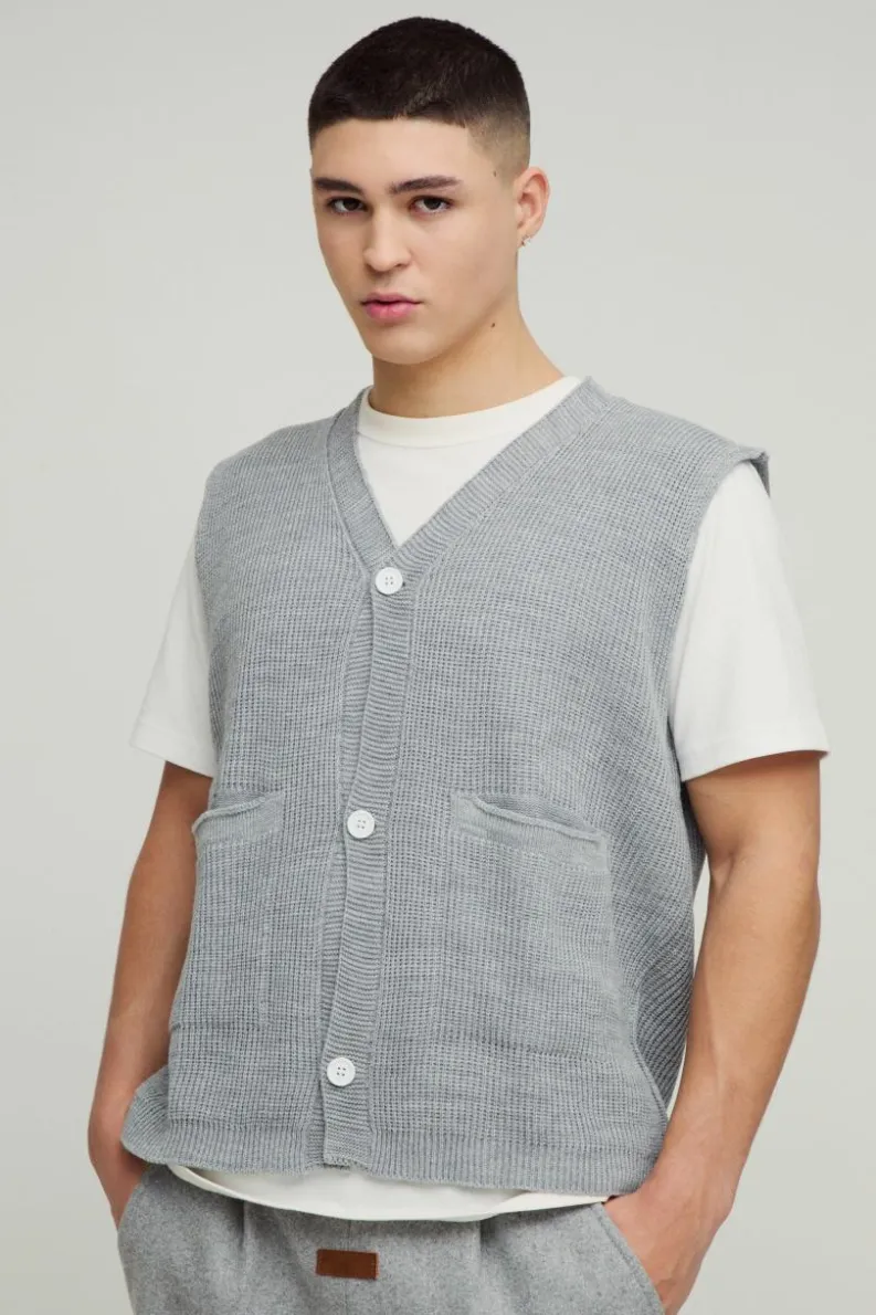 Sale boohooMAN Boxy Ribbed Contrast Button Knitted Vest grey