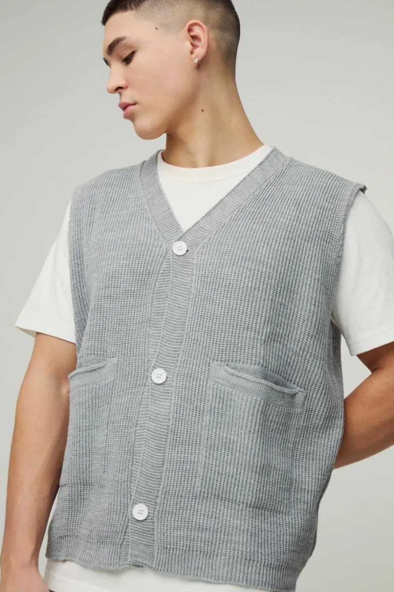 Sale boohooMAN Boxy Ribbed Contrast Button Knitted Vest grey