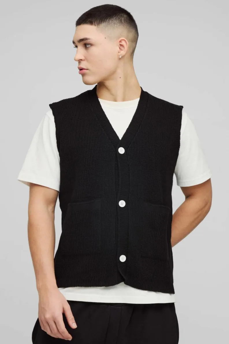 Cheap boohooMAN Boxy Ribbed Contrast Button Knitted Vest black
