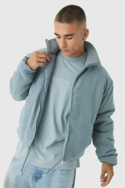 Best boohooMAN Boxy Rib Collar Bomber Jacket In Blue light blue
