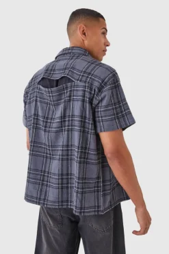 Cheap boohooMAN Boxy Short Sleeve Back Vent Check Shirt grey