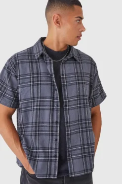 Cheap boohooMAN Boxy Short Sleeve Back Vent Check Shirt grey