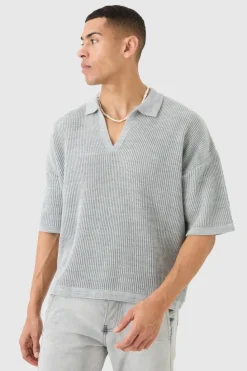 Shop boohooMAN Boxy Short Sleeve Ribbed Knit Polo light grey