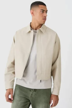 Clearance boohooMAN Boxy Smart Ribbed Twill Harrington Jacket stone