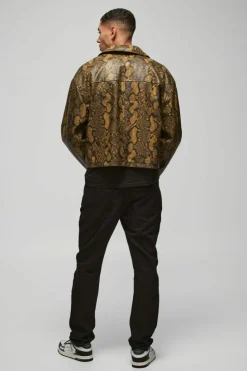 Best Sale boohooMAN Boxy Snake PU Harrington Jacket In brown