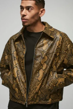 Best Sale boohooMAN Boxy Snake PU Harrington Jacket In brown