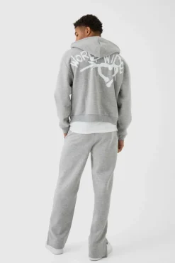 Hot boohooMAN Boxy Spray Graffiti Print Split Hem Hooded Tracksuit grey marl