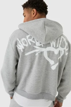 Hot boohooMAN Boxy Spray Graffiti Print Split Hem Hooded Tracksuit grey marl
