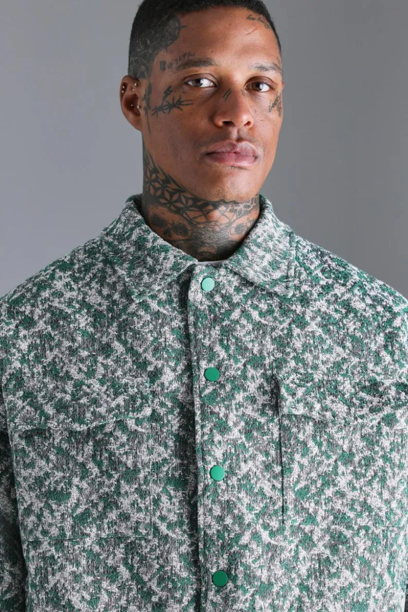 Clearance boohooMAN Boxy Textured Jacquard Collared Jacket green