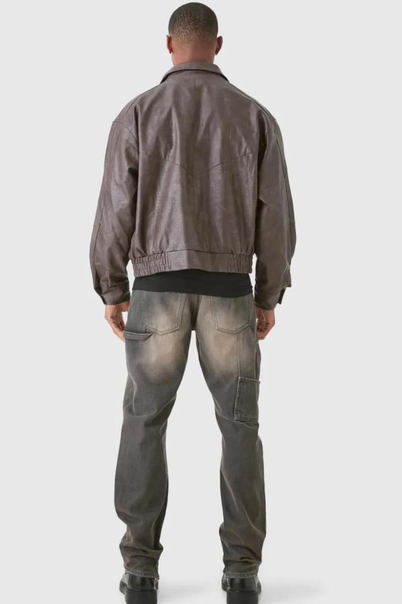 New boohooMAN Boxy Textured PU Bomber Jacket In brown